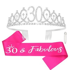 Silver 30th Birthday Crown and Sash for Women 30th Birthday Crown and Hot Pin...