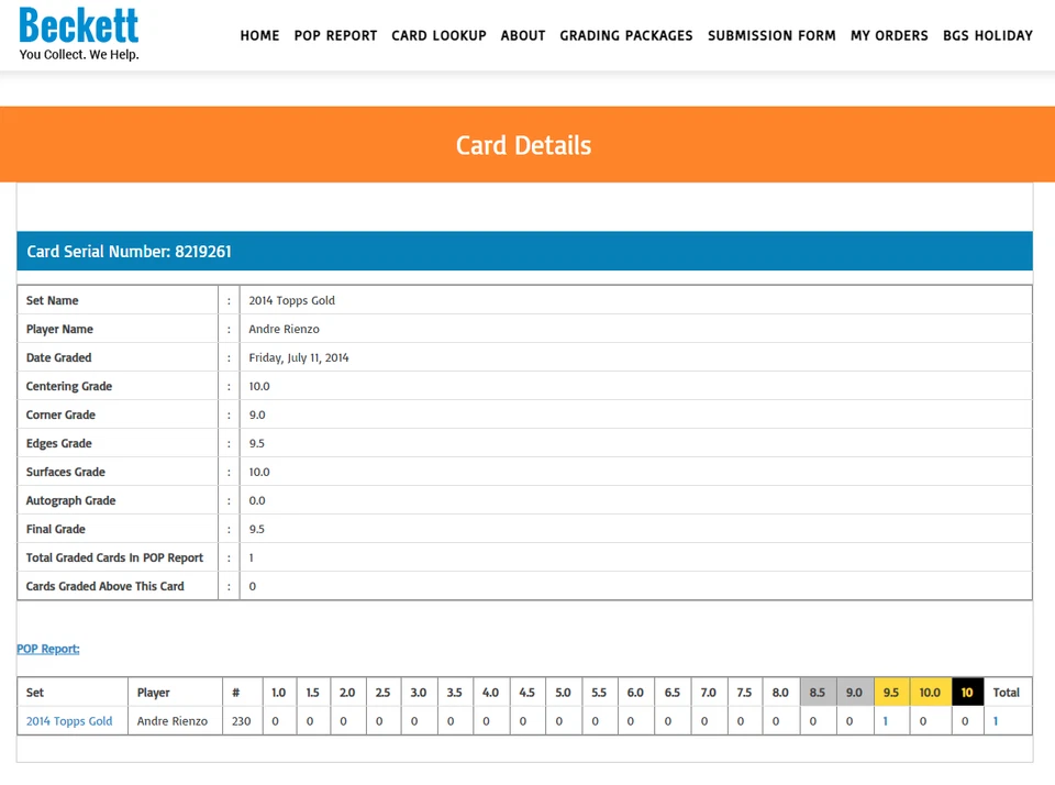 POP 1: Andre Rienzo RC BGS 9.5: 2014 Topps Gold Rookie Card Gisto /2014 - Image 3 of 3