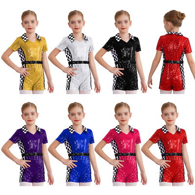 Girls Bodysuit Dress Up Racer Costume Uniform Jumpsuit Short Sleeve Unitard