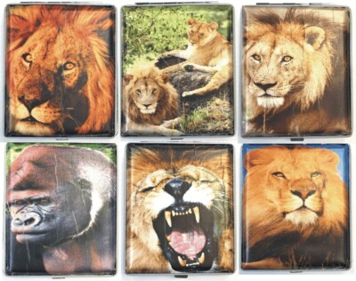 HHB Assorted Lion Designs Crushproof Metal Cigarette Case, Holds Kings (Shorts)