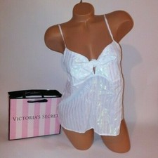 Victoria Secret Camisole Large Tank Top White Metallic Stripe Bow Sleepwear New