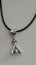 BASEBALL/SOFTBALL BATS  BALL BLACK ROPE NECKLACE 17.5"-SILVER CHARM-SPORTS-GIFT