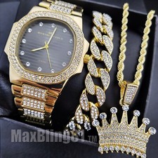 HIP HOP GOLD PT SIMULATED DIAMOND WATCH ICED CUBAN BRACELET CROWN NECKLACE