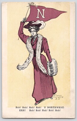 U Northwestern College Girl Carries Pennant Fur Muffler  U Series Postcard 1906
