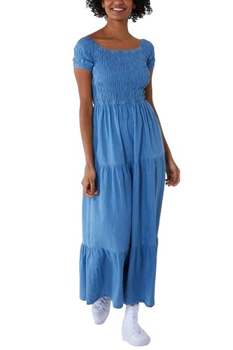 QED Denim Maxi Dress blue shirred bodice flared tiered Size UK 8-12 New - Picture 15 of 15