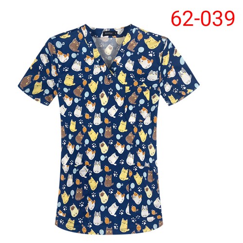 Cartoon Printing Scrub Tops V-Neck 100% Cotton Jacketing Women Men Uniforms - Picture 23 of 32