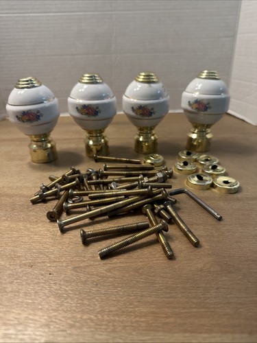 Vintage Porcelain & Brass Antique Floral Bed Post Handles Lot of 4 Antique Knobs