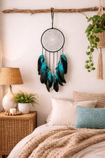 Handmade Dream Catcher 19.7" Black  Turquoise   Boho Wall Hanging Decor with Fe
