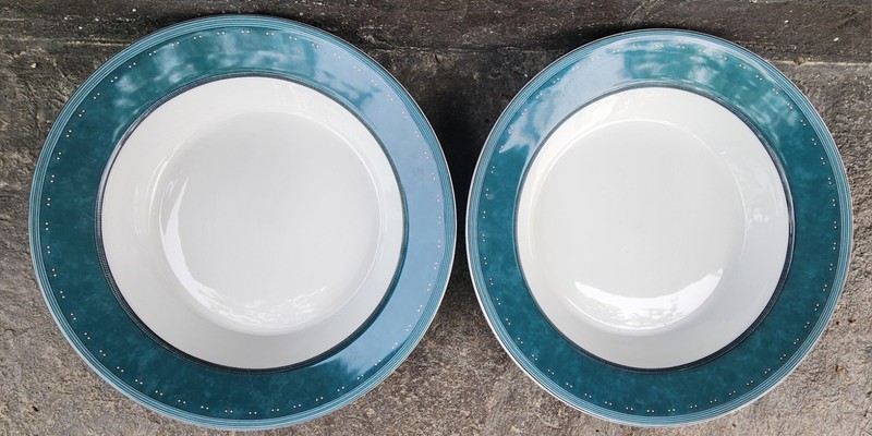 2 Dansk Gridworks Green Soup Bowl Portugal White w/ Green Trim . 90s Era