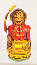 Vintage J. Chein Monkey Tipping Hat Mechanical Piggy Bank Tin Litho Toy c1940s