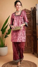 Women Traditional wear; Pink zari work Velvet Sequinned Kurta with Palazzo