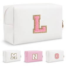 Personalized Initial Preppy Travel Makeup Bag Organizer, Small White Cute Cos...