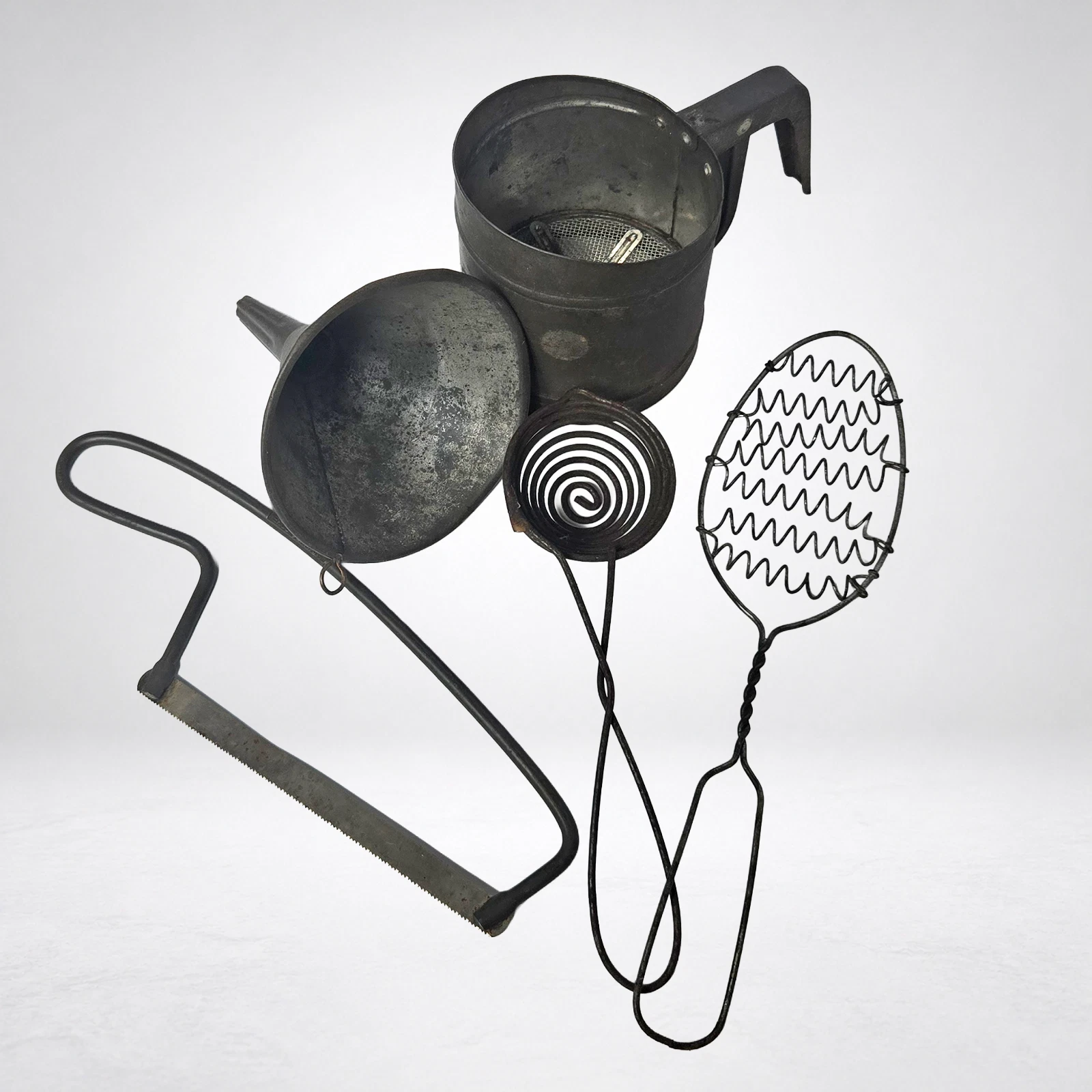 Primitive Kitchen Tool Lot Foley Sifter German Ekco Meat Saw Whisk Egg Separator