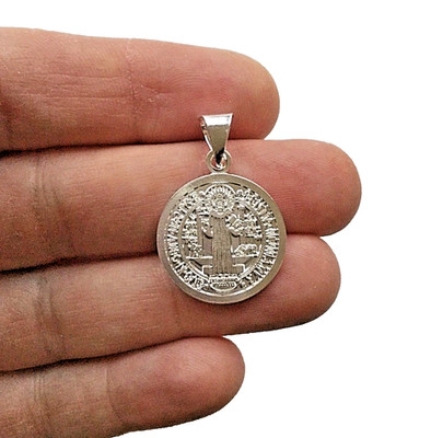 Solid 925 Sterling Silver 20mm Saint Benedict San Benito Medal Pendant ...