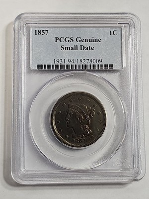 1857 Braided Hair Large Cent 1c GENUINE Small Date Genuine PCGS NOT ...