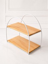 2 Tier Countertop Organizer Shelf Wood & White Metal Bath Kitchen Storage Rack