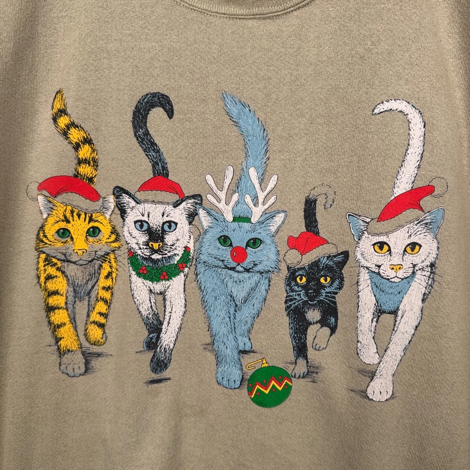 Sudadera De Colección Cuello Redondo Para Hombres XL Beige Navidad Gato Dama Divertida Hecha en EE. UU. Foto 3 de 4