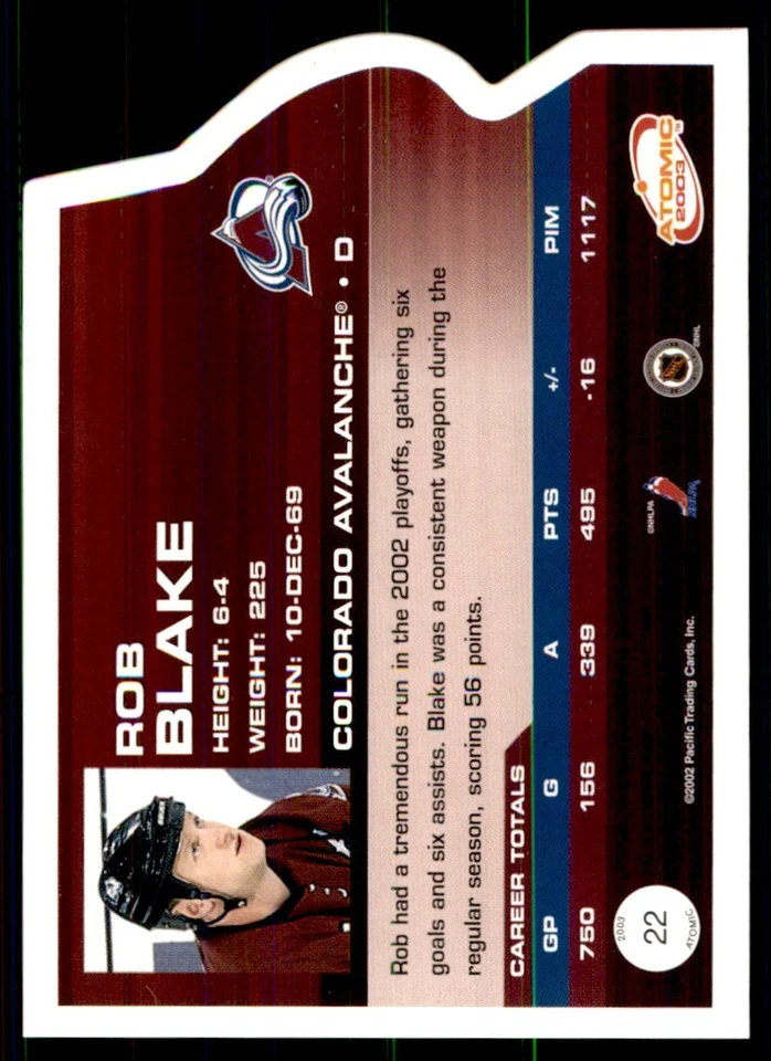 2002-03 Pacific Atomic Rob Blake Colorado Avalanche #22 - Image 2 of 2