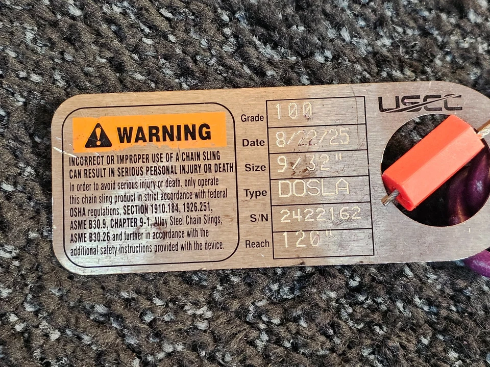 USCC 9/32 дюйма x 10 футов регулируемый 2-ногий цепной ремень с ремнем крюк класса 100 - Изображение 3 из 4