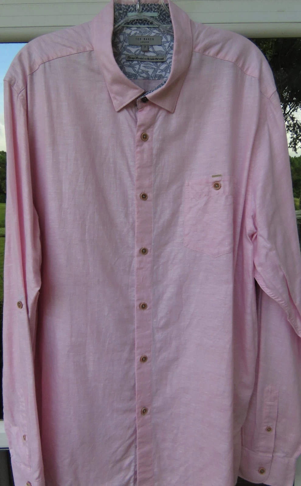 Ted Baker London Linen Cotton Casual Shirt Mens Solid Pink Long Sleeve Euro 7 XL
