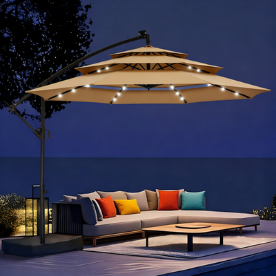 #ad #ad 10ft Patio Umbrella Outdoor Offset Hanging Umbrella 3 Tier with Base Solar Light $156.00