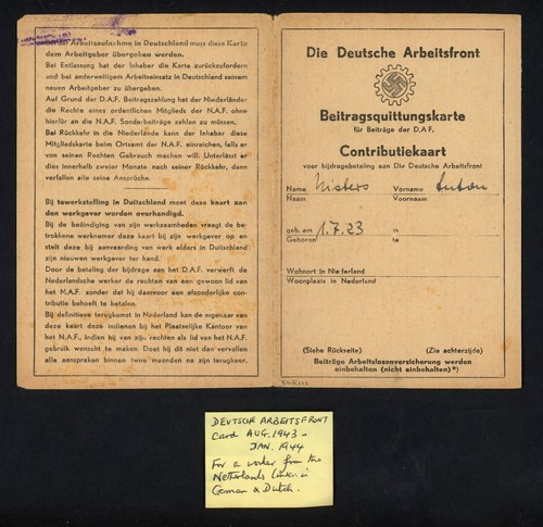 1944 Germany Occ Netherlands Postcard Arbeitsfront (DAF) Dutch Worker w Revenues - Picture 2 of 3