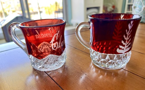 2 EAPG RUBY RED FLASH STAINED INSCRIBED ETCHED ANTIQUE GLASS TEACUP TUMBLER MUGS - Picture 3 of 7