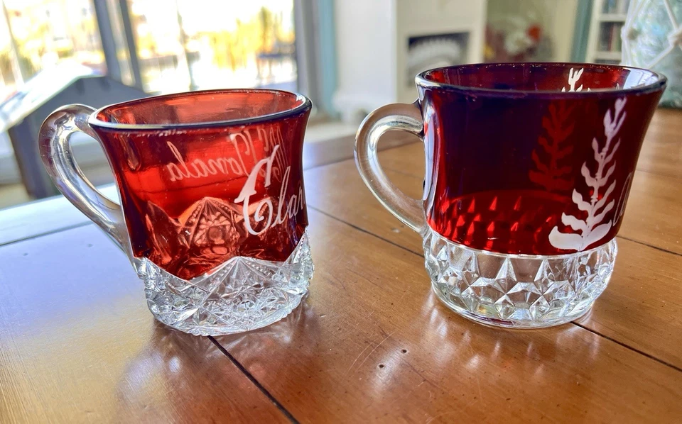 2 EAPG RUBY RED FLASH STAINED INSCRIBED ETCHED ANTIQUE GLASS TEACUP TUMBLER MUGS - Image 3 of 4