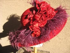 Red Hat Society Wide Brim Red Felt Hat w/Purple Ostich Trim