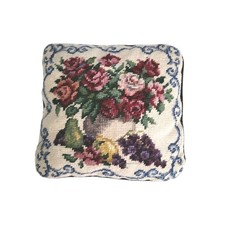 599. Rose Bouquet Needlepoint Throw Pillow 9"x9" Floral Fruit Blue Velvet