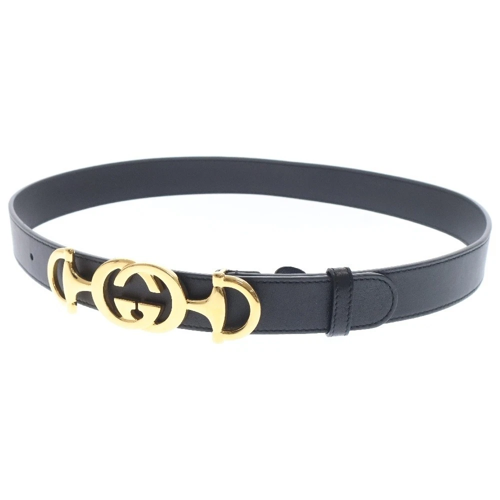 Ceinture Gucci Zumi imbriquée G Horsebit cuir noir quincaillerie dorée 32 pouces d'occasion