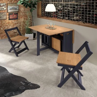 SECONIQUE Santos Folding Drop Leaf Butterfly Dining Table Set 4 Chairs Navy Blue & Pine