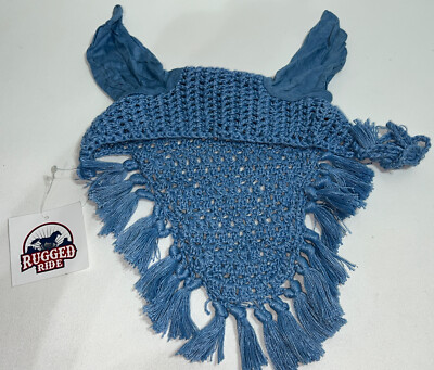 NWT! Rugged Ride Blue Knit Tassel Crochet Style Fly Bonnet for Horses