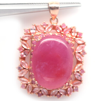 Heated Gemstone Pink Ruby, Rose Quartz & Sapphire Pendant 925 Sterling Silver 