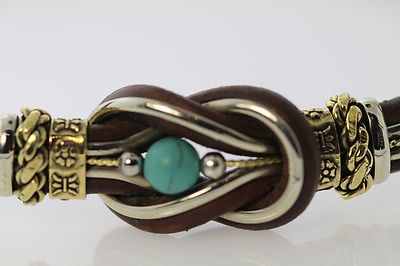 BROWN LEATHER 2/TONE KNOT NECKLACE W/ TURQUOISE BEAD IN CENTER