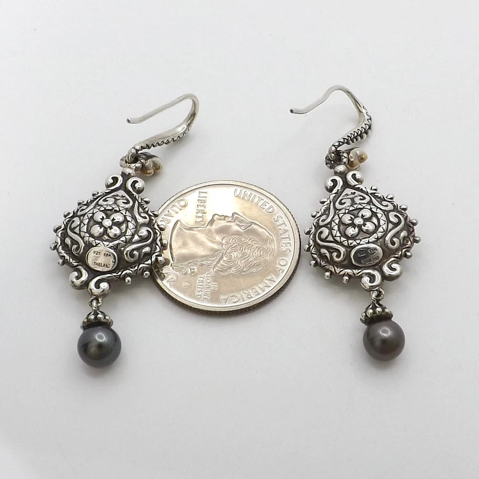 Pendientes colgantes Barbara Bixby oro 18k plata esterlina pluma de pavo real perlas Foto 2 de 4