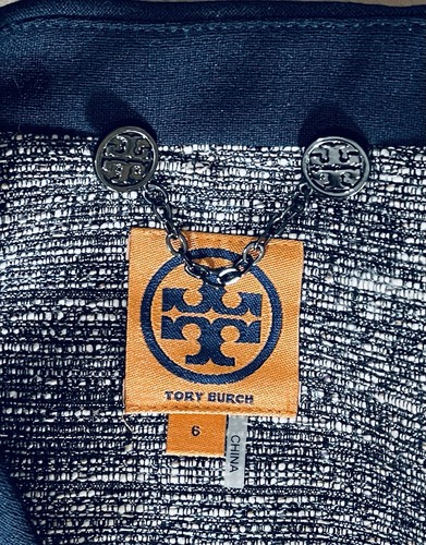 Tory Burch Women's size 6 Skirt Suit Set Shimmer Blue Tan Tweed Navy Blue Trim - Picture 16 of 16