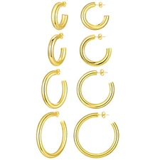 2pcs Women Gold Tone Stainless Steel Chunky Hoop Earrings Open Ear Studs 25-50mm