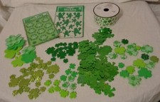 ST PATRICKS DAY SHAMROCK CRAFT LOT STICKERS CONFETTI FOAM FABRIC RIBBON ORNAMENT