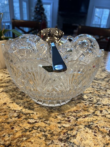 Vintage Shannon Crystal Punch Bowl With 8 Cups And Silver Plated Latle New - Picture 2 of 6