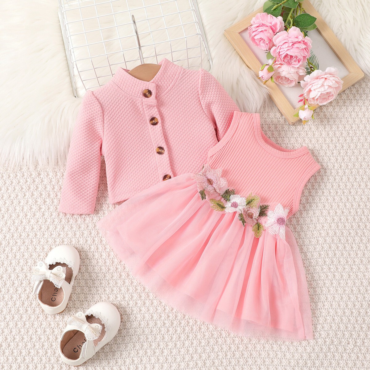 Toddler Baby girl's Flowers Tulle dress + long sleeve coat Princess Outfits  Set