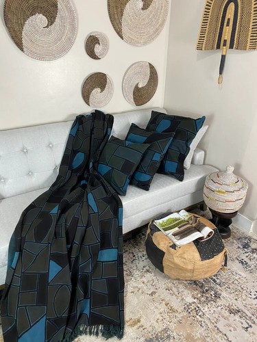 Fana Blue Handmade Mudcloth Segou Blanket Bogolan Textile Bedsheet Boho Decor - Picture 8 of 9