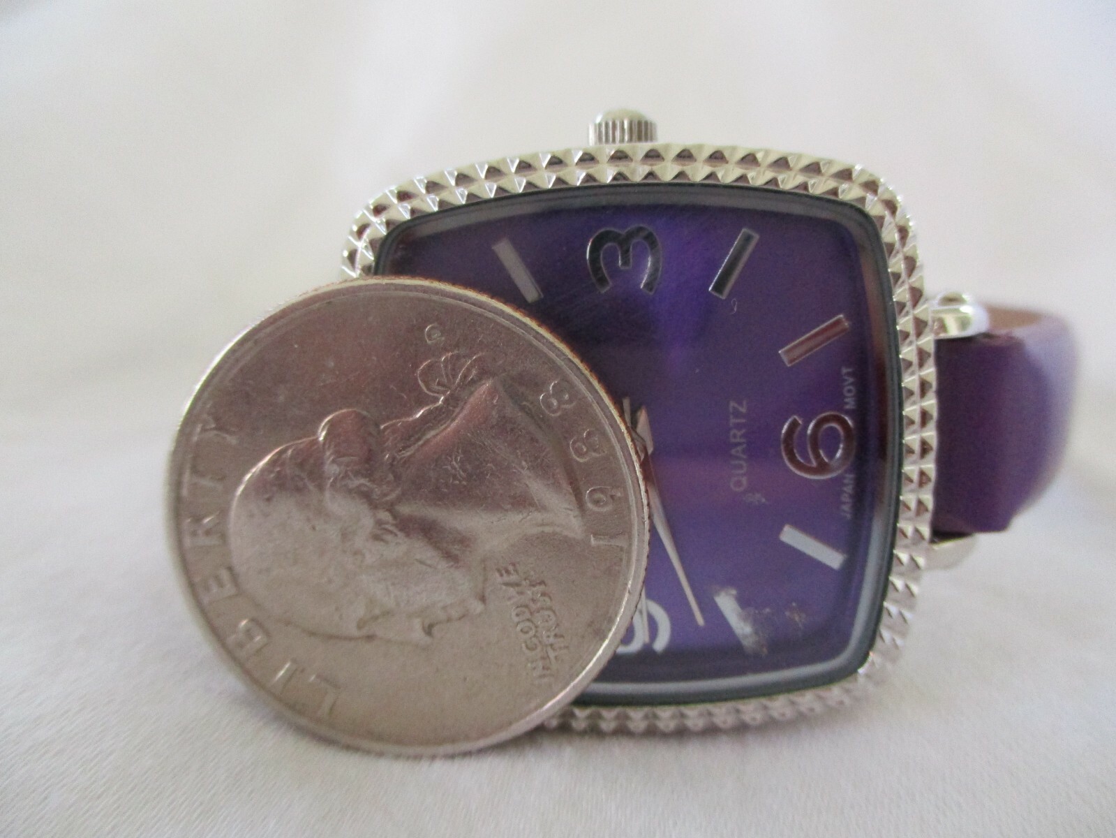 Wristwatch Rectangular Face Silver Tone Purple Bu… - image 6