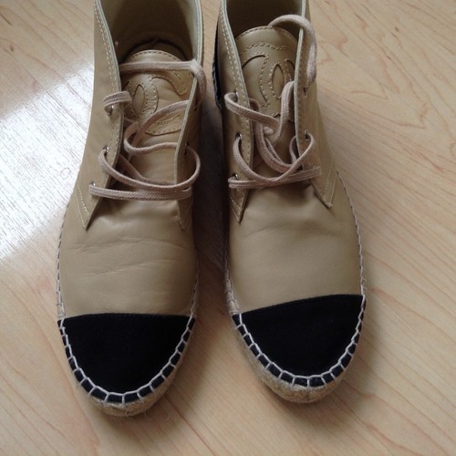 Chanel Beige/black Lambskin Leather High Top Espadrilles Shoes, Flats., EU 41