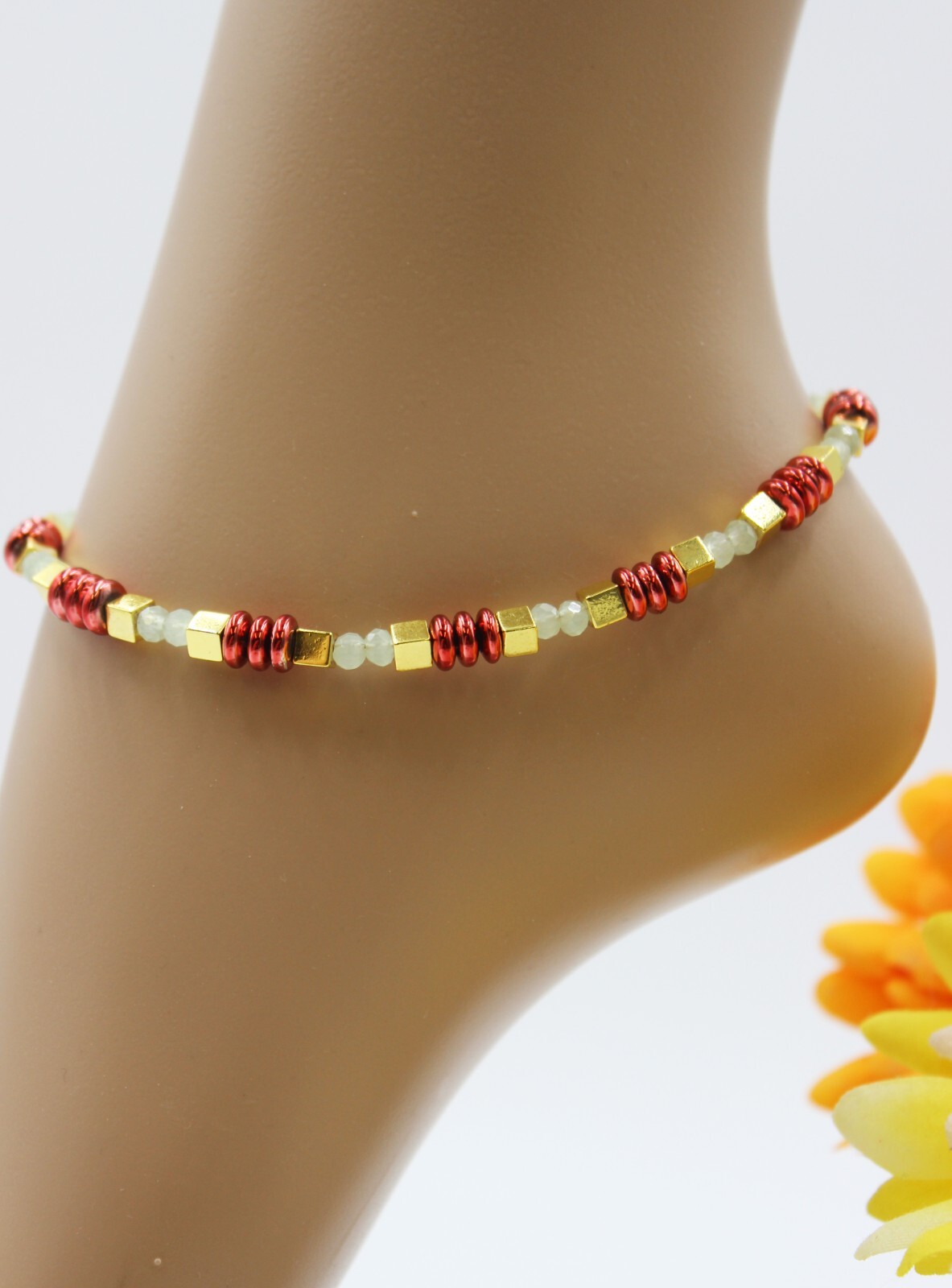 Anklet Boho Foot Chain Cube Beads Red Hematite Elegant Gold Size M #KA084