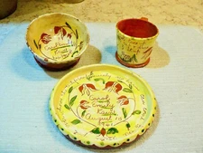 ANTIQUE REDWARE THREE COLOR SLIP DECORATED BOWL PLATE CUP PENNSYLVANIA 1941