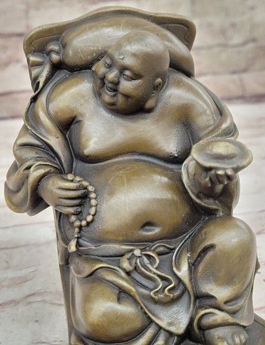 Vintage Bronze Laughing Maitreya Buddha Sculpture by Milo: Joyous Sitting Statue - Picture 6 of 10