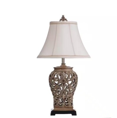 StyleCraft 33.3 in. Tan, Silver Table Lamp with Cream/Off-White Fabric Shade