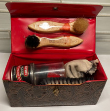 KIWI Shoe Shine Compact Travel Kit Brown Vinyl Case Polish Brown Black Vintage