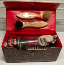 KIWI Shoe Shine Compact Travel Kit Brown Vinyl Case Polish Brown Black Vintage